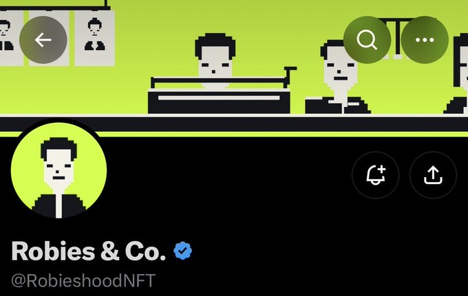 A pixel-art social media profile for the verified NFT collection "Robies & Co." (@RobieshoodNFT), featuring blocky character designs against a lime green background, visually reinforcing the project's modular pixel-based identity highlighted in the spotlight post.