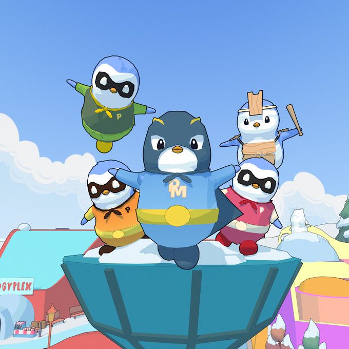 An illustration featuring cartoon penguins dressed as superheroes or ninjas standing on a snowy platform against a blue sky with clouds, with one central penguin wearing an 'RM' shirt and others in colorful outfits with letter designations.
