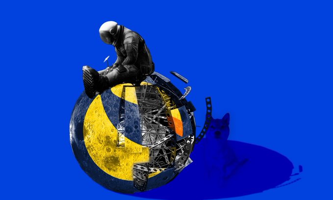 A figure in a black outfit and white mask sits atop a metallic sphere resembling a moon, breaking apart to reveal a yellow interior, set against a vivid blue background.