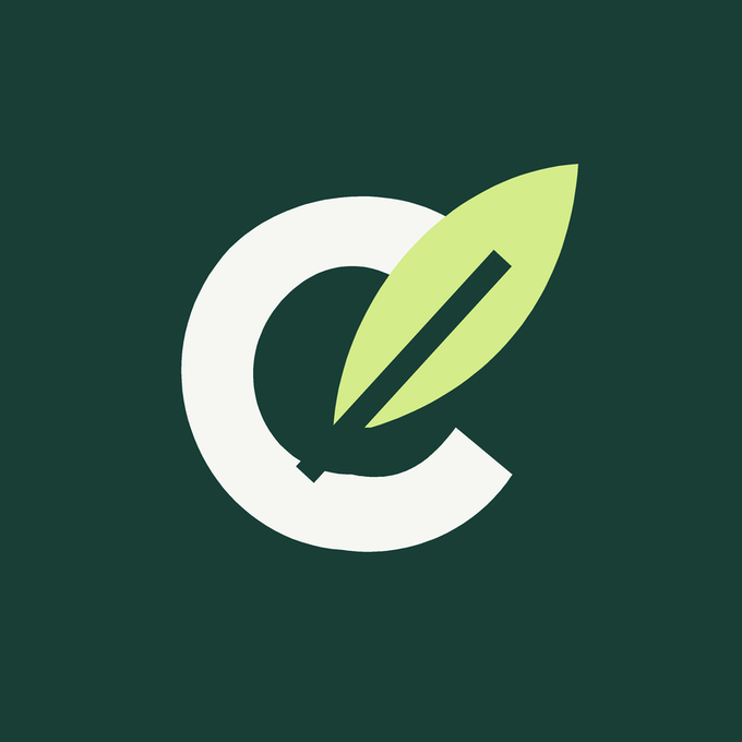 A minimalist logo featuring a stylized white letter 'e' with a green leaf cutting diagonally through it, set against a dark green background.