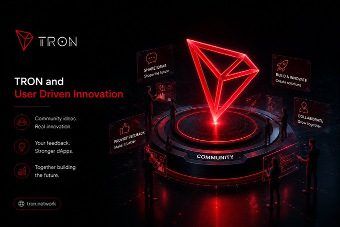 A promotional graphic for TRON featuring its red triangular logo with the text 'TRON and User Driven Innovation' and themes including 'SHARE IDEAS', 'BUILD & INNOVATE', 'PROVIDE FEEDBACK', and 'COLLABORATE' surrounding a glowing central platform.
