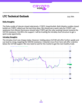 The image shows a "LTC Technical Outlook" report from Crypto World dated July 19th, displaying a daily candlestick chart for Litecoin ($LTC) that closed indecisively at $47.00 with a doji candle pattern. The accompanying analysis highlights a bullish scenario with potential upside targets near $57 and $60 resistance levels, conditional on Bitcoin supporting the move, while a break below $47 support would signal further downward movement.
