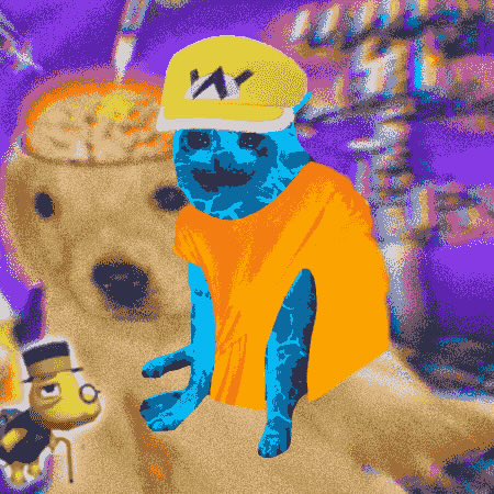 A stylized, grainy illustration of a blue character wearing a yellow shirt and cap, crouching next to a large beige creature with a small yellow figure in the corner.