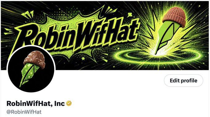 A Twitter/X profile page for "RobinWifHat, Inc" (@RobinWifHat) featuring a green and black banner with cartoon-style text and a profile picture of a Robin Hood-style green hat with a brown feather, marked as a verified account. The "Positioned" caption suggests the meme coin project is establishing its presence in the crypto space with a distinctive, branded identity.