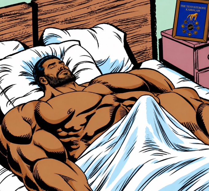 A comic-style illustration of a heavily muscled, bearded man sleeping shirtless in a bed with white sheets, with a framed picture visible on a pink nightstand in the background.