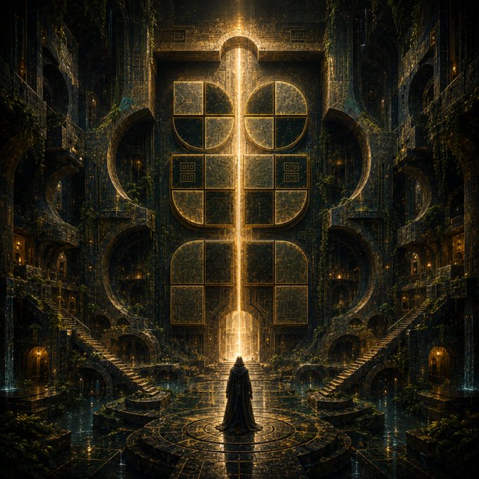 A cloaked figure stands before a massive, ornate golden door emitting a vertical beam of light within a dark, ancient stone hall overgrown with vegetation.