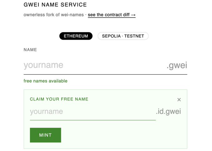 The image shows the GWEI NAME SERVICE interface, a web app for claiming names on the Ethereum network or Sepolia testnet, with a "free names available" prompt and a minting field showing "yourname.id.gwei." This supports the post by illustrating the tool used to mint the ".gwei" naming service, where the user created "beefy.gwei" for Beefy Finance as a playful, community-aligned alternative to traditional naming services.