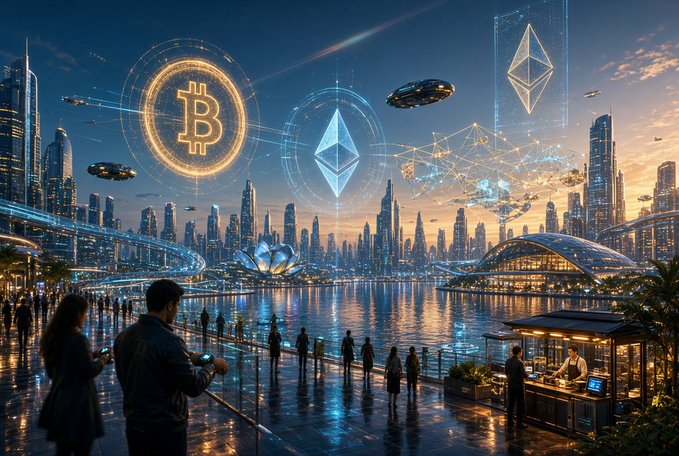 A futuristic cyberpunk cityscape at dusk featuring glowing holograms of Bitcoin and Ethereum logos floating in the sky above skyscrapers, with people gathered along a waterfront promenade.