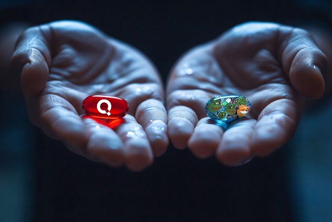 Two cupped hands against a dark background, the left hand holding a glowing red Omega symbol and the right hand holding a green ring with a cartoon character.