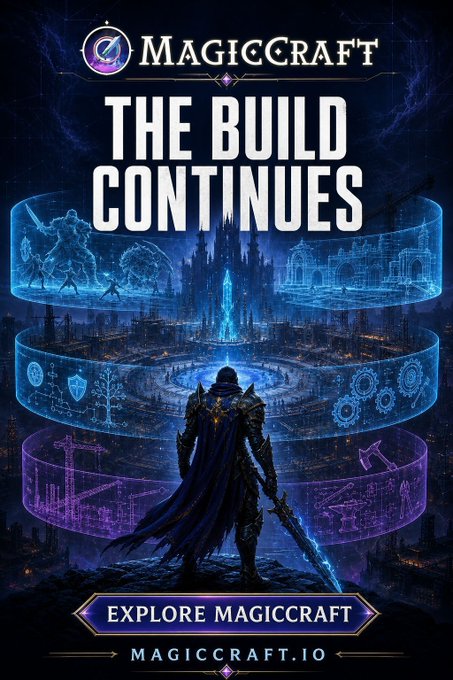 Promotional banner for MagicCraft (magiccraft.io) titled 'THE BUILD CONTINUES,' featuring a fantasy warrior overlooking a holographic city blueprint with an 'EXPLORE MAGICCRAFT' call-to-action.