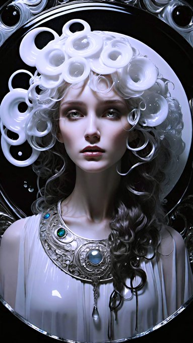 A fantasy portrait of a woman with striking gray eyes wearing an elaborate white coiled headdress and a large ornate silver necklace with turquoise stones, set against a dark circular background.