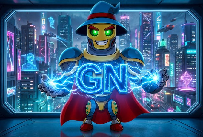 An animated cartoon character resembling a wizard in blue armor and red cape holding glowing blue letters 'GN' with electric effects, set against a futuristic neon cityscape.