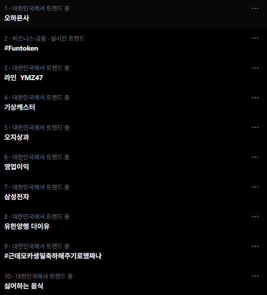 A Korean-language Twitter/X trending list for South Korea with hashtags and topics including #Funtoken, #라인 YMZ47, #군대로가성립독하해주기로했짜나, and trending topic 1: 대한민국에서 트렌드 중 오하윤사.