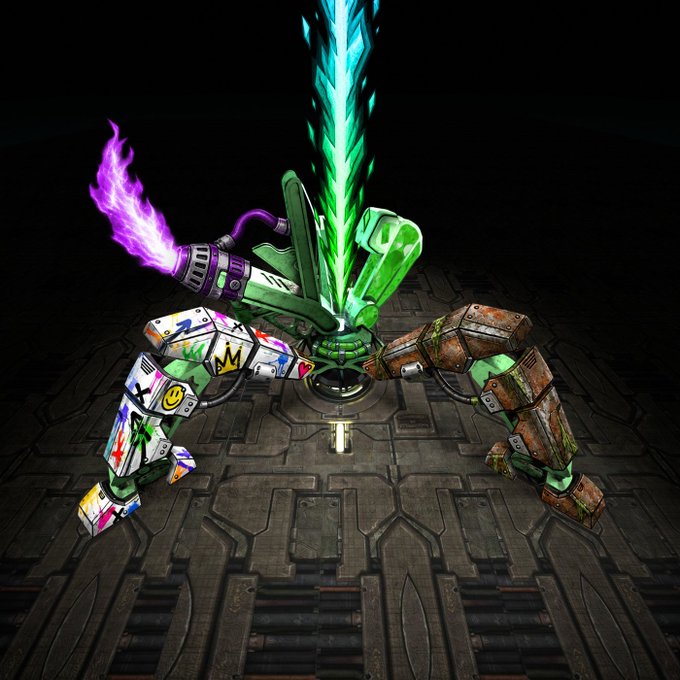 A digital robot-style sculpture with a vibrant green glowing sword and purple flame stands on a metallic platform, displaying leg markings including "XR" and "X1.25" — visually representing the uncommon rarity tier with the X1.25 base multiplier mentioned in the post.