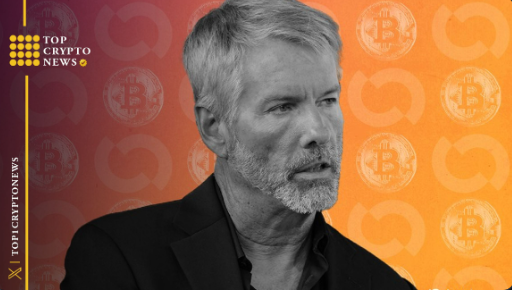 A promotional graphic from 'TOP CRYPTO NEWS' and 'TOPCRYPTO NEWS' featuring a black-and-white photo of Michael Saylor against an orange background patterned with Bitcoin logos.