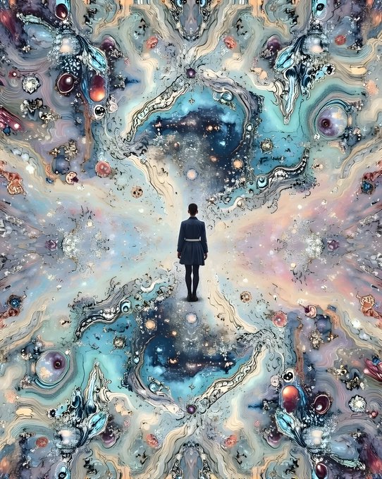 A surreal artwork of a person in a dark uniform standing and facing a large, swirling, mirrored cosmic portal filled with blue, purple, and golden colors.