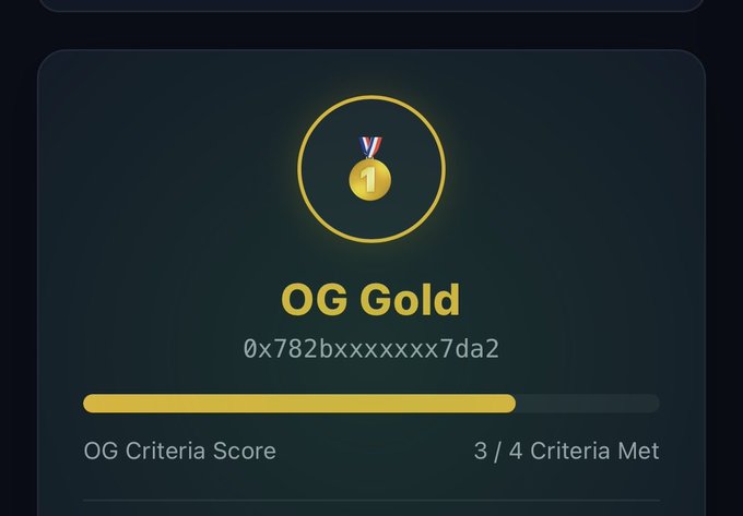 A digital achievement badge displayed on a dark background showing 'OG Gold' with a medal icon, an address '0x782bxxxxxxx7da2', and an 'OG Criteria Score' of '3 / 4 Criteria Met'.