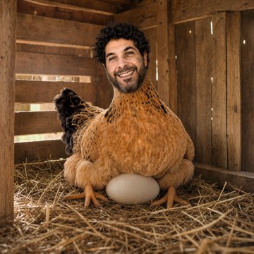 A man with curly hair and a beard is humorously edited to have the body of a brown hen, sitting on a nest with an egg beneath her in a wooden coop. The image cleverly visualizes the "hen" reference, poking fun at the "Hen is a female chicken" meme while sharing the same coop-like environment.