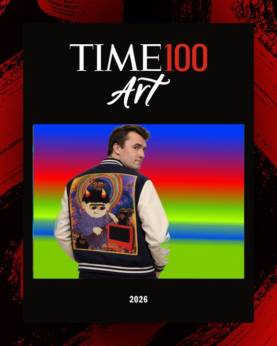 A TIME100 Art magazine cover from 2026 featuring a man from behind wearing a varsity jacket with a beaded artwork on the back, set against a rainbow gradient background.