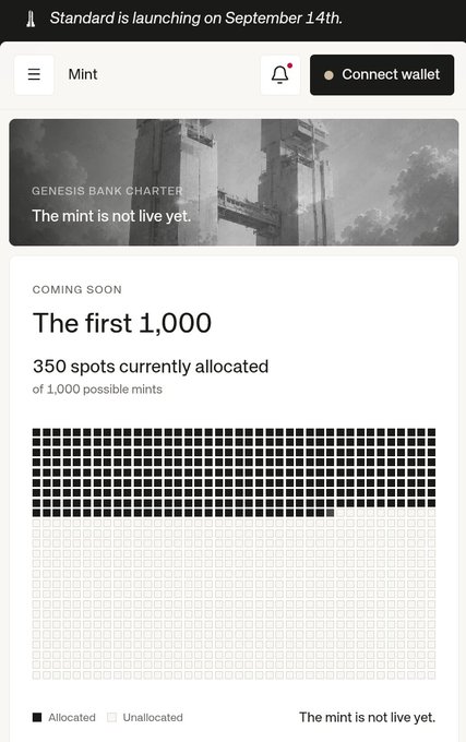 A screenshot of Standard's upcoming "Genesis Bank Charter" NFT mint page, displaying "350 spots currently allocated of 1,000 possible mints" with a visual grid showing filled versus empty squares, and noting "The mint is not live yet" ahead of the September 14th launch.