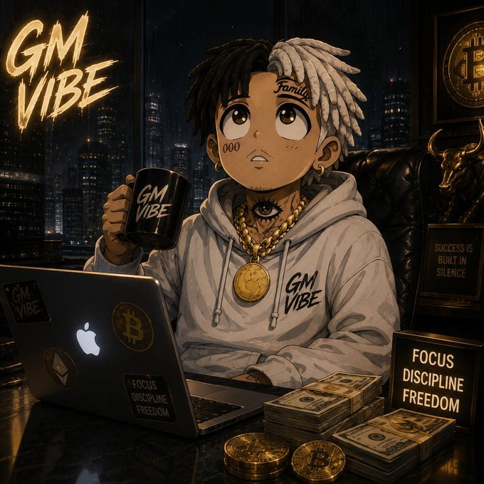 A stylized digital illustration of an anime character in a 'GM VIBE' hoodie holding a mug, seated at a laptop with Bitcoin and money stacks, surrounded by motivational text like 'FOCUS DISCIPLINE FREEDOM'.