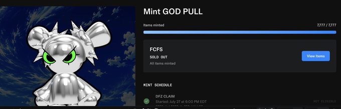 A screenshot of the "Mint GOD PULL" page shows a sold-out FCFS mint with 7277/7277 items minted, featuring a silver, anime-style character with green eyes as the artwork, confirming the supply reduction from the original 11,111 to 7,777 noted in the post.