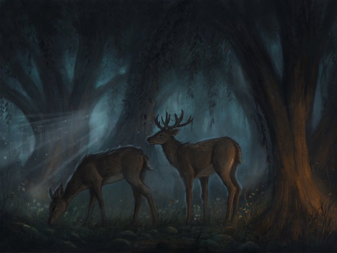 A digital artwork depicting two deer in a dark, misty forest with sunlight filtering through the trees.