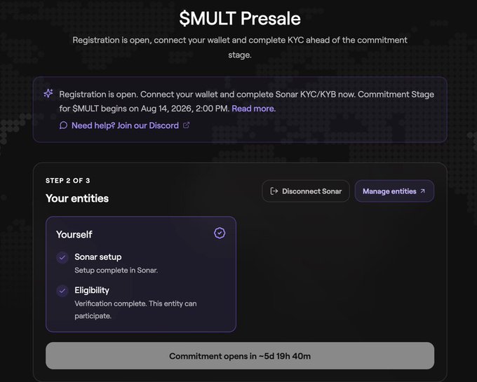A screenshot of the $MULT Presale registration page showing step 2 of 3 with completed Sonar setup and Eligibility verification, alongside a countdown timer reading "Commitment opens in ~5d 19h 40m" for the August 14, 2026 commitment stage start.
