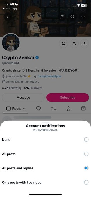 An X/Twitter profile screenshot for 'Crypto Zenkai' (@zenkaixbt), a Crypto account joined in December 2020 with 4.2K Following and 47K Followers, showing account notification settings with 'All posts and replies' selected.