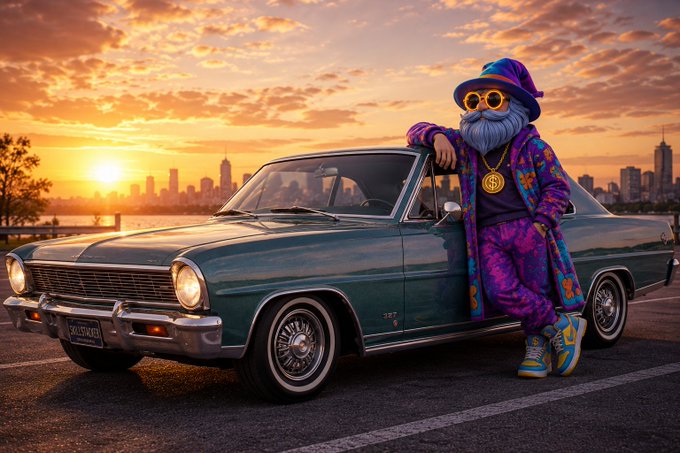 Stylized image of a character in a purple patterned outfit with hat, sunglasses, and gold chain leaning against a classic teal convertible car at sunset with a city skyline in the background.