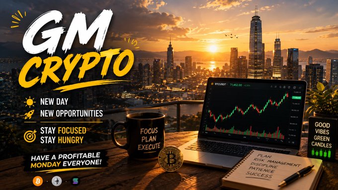 A motivational 'GM Crypto' graphic featuring a city skyline at sunset, a laptop displaying a BTC/USDT trading chart, and inspirational messages like 'NEW DAY NEW OPPORTUNITIES' and 'HAVE A PROFITABLE MONDAY EVERYONE!'.
