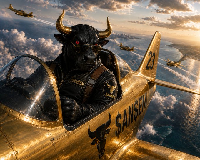 A muscular bull wearing sunglasses pilots a gold fighter jet emblazoned with "SANSEM" and the number "23," with the jet's logo mirroring the bull's branding. The image visually amplifies the post's message of $ANSEM's rising market momentum, symbolized by the powerful bull charging ahead—reinforcing the "#24 GLOBAL TRENDING" hype and the claim that the token is "just getting started."