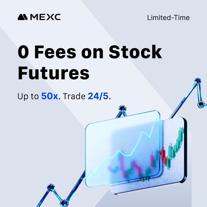 A promotional advertisement for MEXC displays the text 'Limited-Time', '0 Fees on Stock Futures', and 'Up to 50x. Trade 24/5.' next to an illustration of a trading chart on a mobile device.