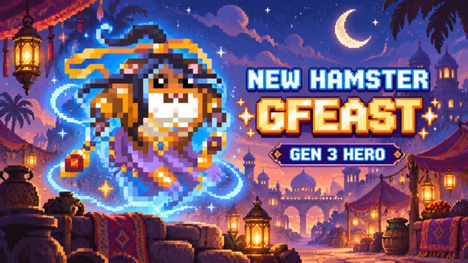 Pixel art promotional graphic for 'NEW HAMSTER GFAEST GEN 3 HERO' featuring a warrior hamster character in an Arabian Nights-style setting with crescent moon and palace.