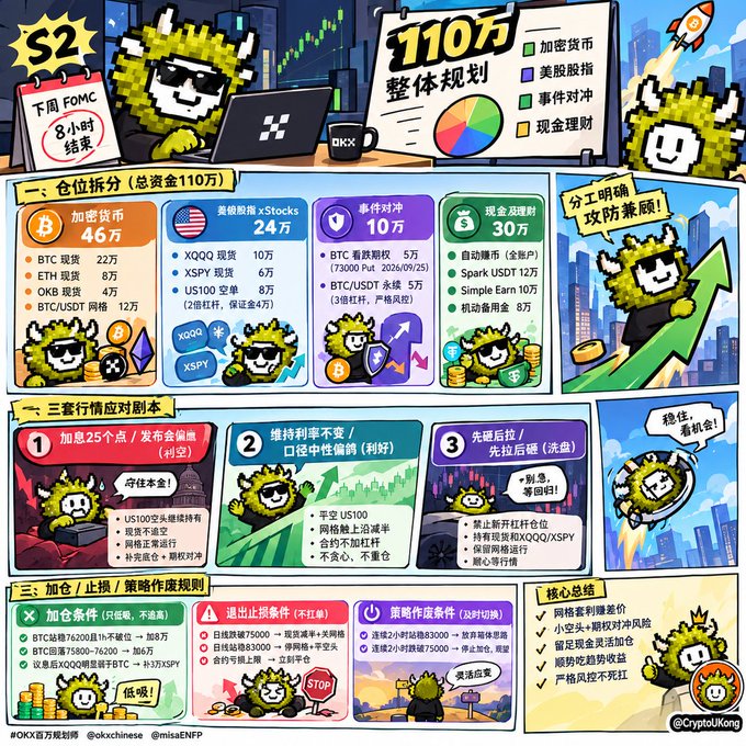 A colorful Chinese investment strategy infographic by 'OKX官方规划师' showing a 110万 portfolio allocation plan featuring crypto (BTC, ETH, OKB), US stocks (XQQ, XSPY, US100), event trading, and cash management.