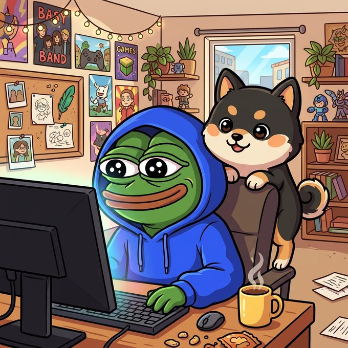 A cartoon illustration of a green Pepe frog in a blue hoodie using a computer at a desk, accompanied by a smiling Shiba Inu dog, with posters and plants decorating the room.