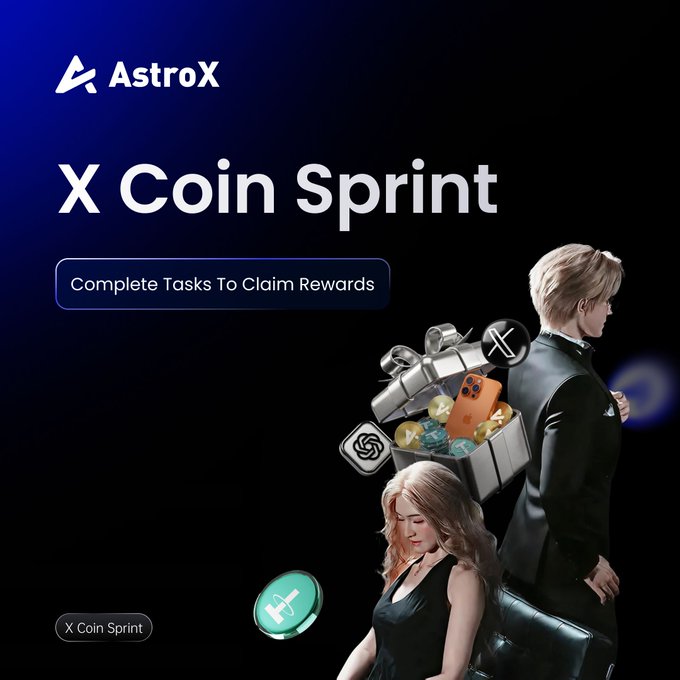 A promotional graphic for "AstroX" features the headline "X Coin Sprint" with the subtext "Complete Tasks To Claim Rewards," alongside a tag reading "X Coin Sprint." The image shows a man and woman beside a briefcase overflowing with coins, gems, a smartphone, and cryptocurrency icons, visually reinforcing the post's call to retweet and follow @AstroX_Global for a chance to win $30 in 48 hours and extra USDT trading funds.