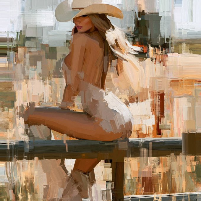 An impressionistic painting depicts a woman in a white cowboy hat and a white outfit crouching on a ledge.