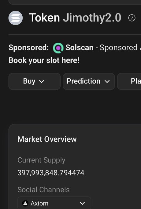 A duplicate of the Token Jimothy2.0 page showing the same Solscan sponsored ad, navigation buttons, and Market Overview with Current Supply of 397,993,848.794474.