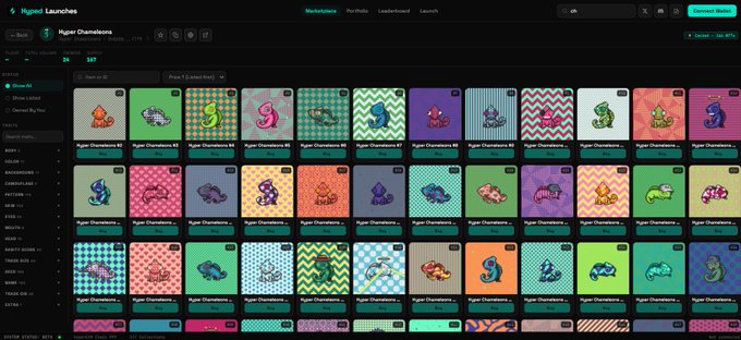 A dark-themed NFT marketplace interface titled 'Hyper Launches' displays a grid of cartoon seahorse and chameleon collectibles from the 'Hyper Chameleons' collection.