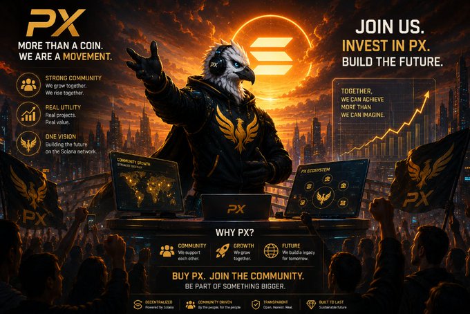 A promotional banner for a cryptocurrency called "PX" with the text "JOIN US. INVEST IN PX. BUILD THE FUTURE," featuring an eagle-headed character against a dramatic sunset cityscape.