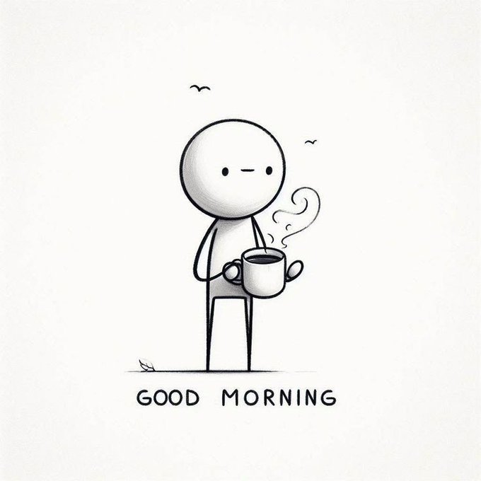 A minimalist black-and-white cartoon illustration of a round-headed character holding a steaming coffee cup with the text 'GOOD MORNING' below, set against a plain background with small birds flying overhead.