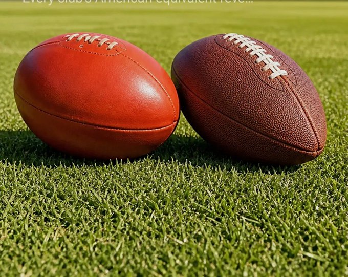 Two American-style footballs, one red and one brown, sitting on a green grass field with text mentioning 'Every club's American equivalent reve...'