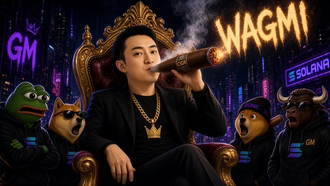 A man sits on a golden throne smoking a cigar in front of a neon cityscape, surrounded by meme characters and the text 'WAGMI', 'GM', and 'SOLANA'.