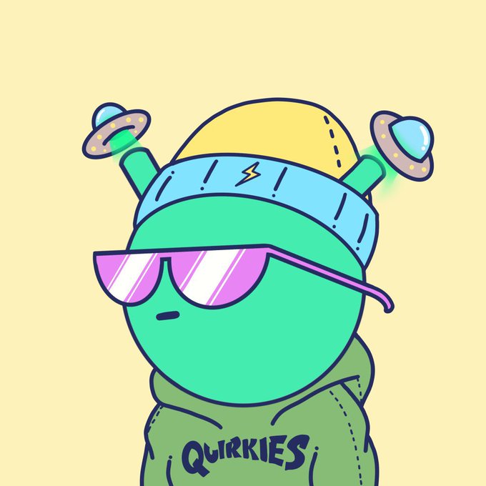 A cartoon illustration of a green alien-like character wearing a blue headband with antennas, pink sunglasses, and a green hoodie with the word "QUIRKIES" written on it.