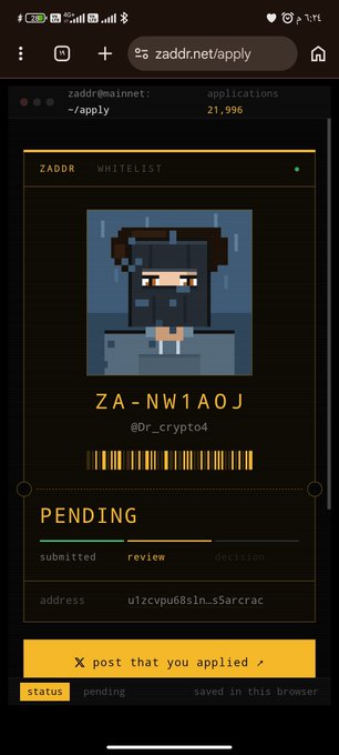 A mobile screenshot of a ZADDR whitelist application page showing a pixel art avatar for user @0r_crypto4 with address u1zcvpu6h8sln~s5arcrac, marked as PENDING.