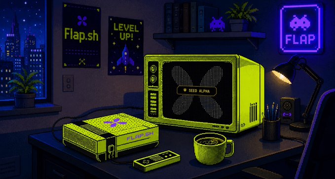 Pixel art illustration of a retro cyberpunk desk setup featuring a green computer tower labeled 'SEED ALPHA', a matching 'FLAP.SH' device, neon signs, posters reading 'Flap.sh' and 'LEVEL UP!', and a 'FLAP' arcade sign.