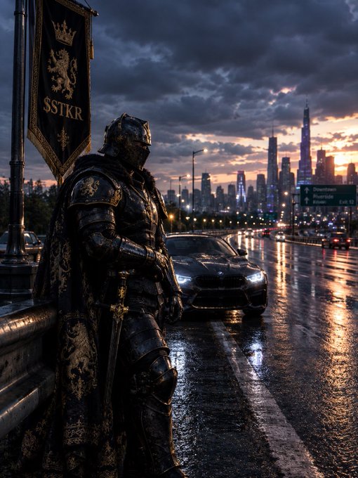 A knight in ornate black and gold armor stands guard beside a black sports car on a rain-slicked bridge, with a banner reading "SSTKR" featuring a lion and crown, while a modern city skyline glows in the background. The imagery of medieval royalty guarding wealth reflects the post's message of stacking and conquering with the $STKR ticker.