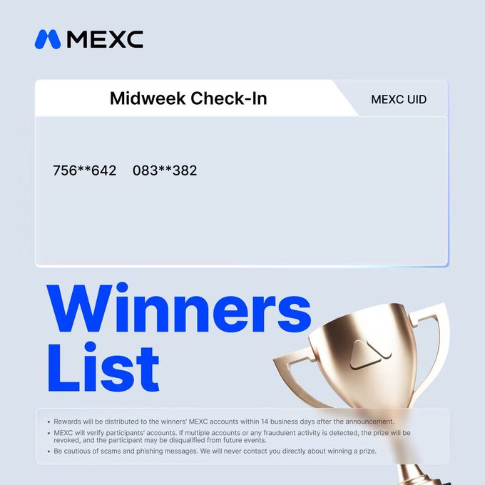 A 'Midweek Check-In' Winners List graphic from MEXC showing two winning MEXC UIDs (756**642 and 083**382) next to a gold trophy illustration, with rules for reward distribution below.