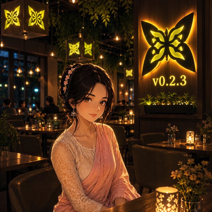 An anime-style illustration of a woman in a pink lace dress seated in a warmly lit café, with glowing butterfly logos and a 'v0.2.3' software version sign in the background.